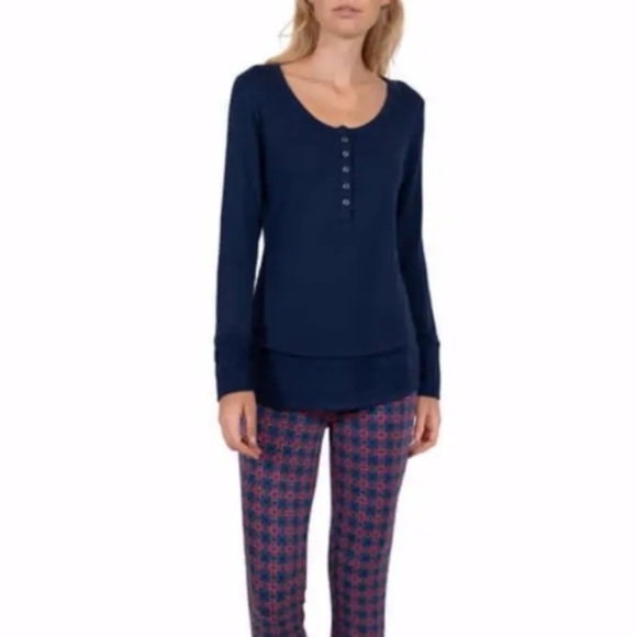 Josie Natori Sleepwear Long Sleeve Top Small Navy Button Soft - Picture 1 of 9